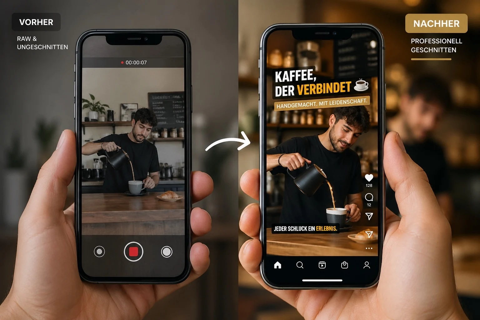 Vorher-Nachher Vergleich eines Smartphone-Videos für Social Media Content von Vitonnect